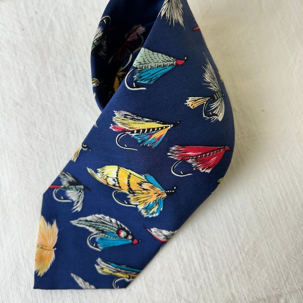 Magnificent Mouchoirs Fly Fishing Neck Tie Blue 100% Silk